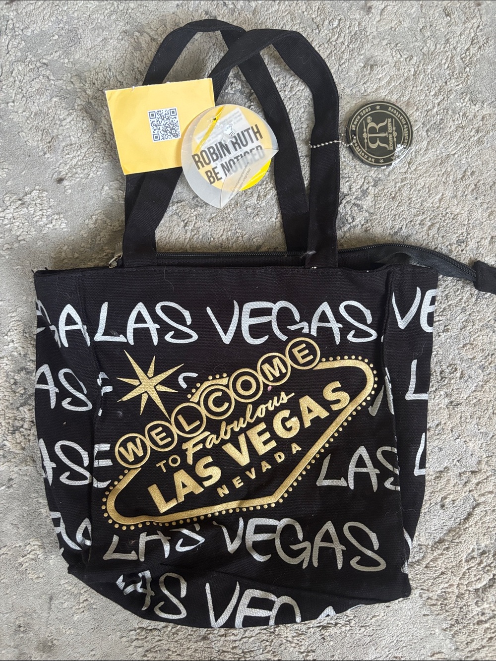 Robin Ruth Black small Tote with Gold & White 'Las Vegas' Graphic